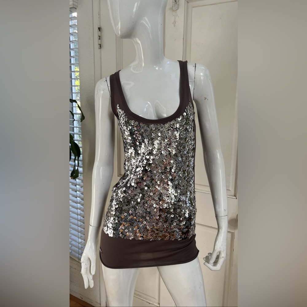 KATHERINE HAMNETT VINTAGE! Taupe Tank Top w/ Sequins Sz 10